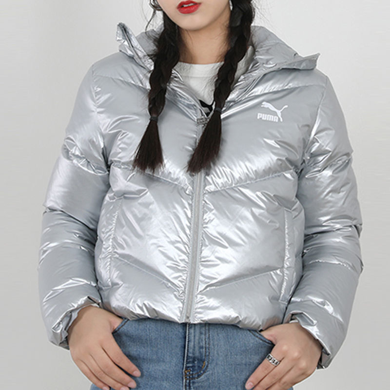 彪马连帽羽绒服女新款亮面运动服银色短款保暖夹克外套599144-10