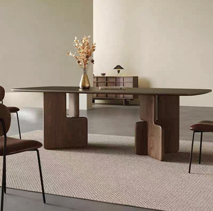 极简实木长桌设计师黑色轻奢餐桌客厅复古原木大板办公会议工作台