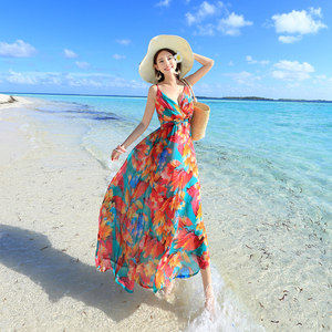 泰国三亚海边度假沙滩裙女波西米亚长裙雪纺裙子V领吊带裙连衣裙