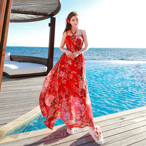 沙滩裙新款女装海南三亚泰国度假旅行连衣裙大码雪纺吊带碎花长裙