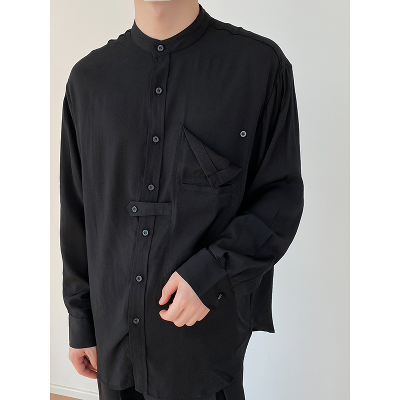 1110-YU121-P85口袋衬衫男纯色休闲流行设计感垂感宽松白衬衣，男装衬衫，星座1110