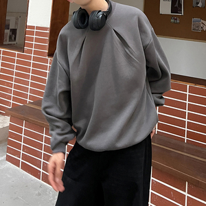 1110-W224-P85 褶皱设计感纯色圆领套头卫衣 情侣上衣图片