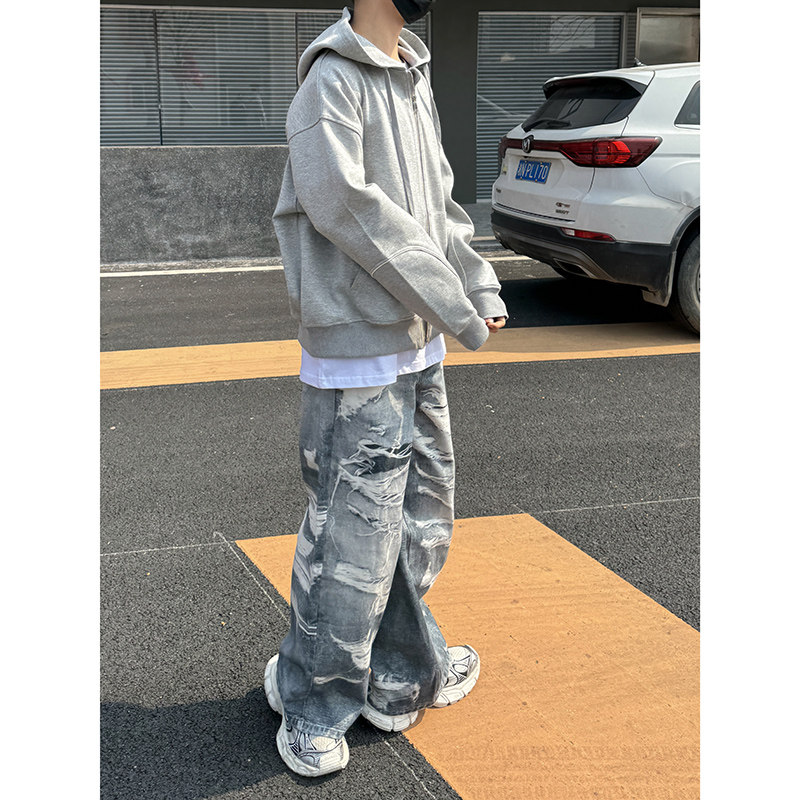 1110-1151-P130 原创高街裤子男装牛仔裤 手绘印刷印花宽松直筒裤图片