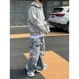 1110-1151-P130 原创高街裤子男装牛仔裤 手绘印刷印花宽松直筒裤图片