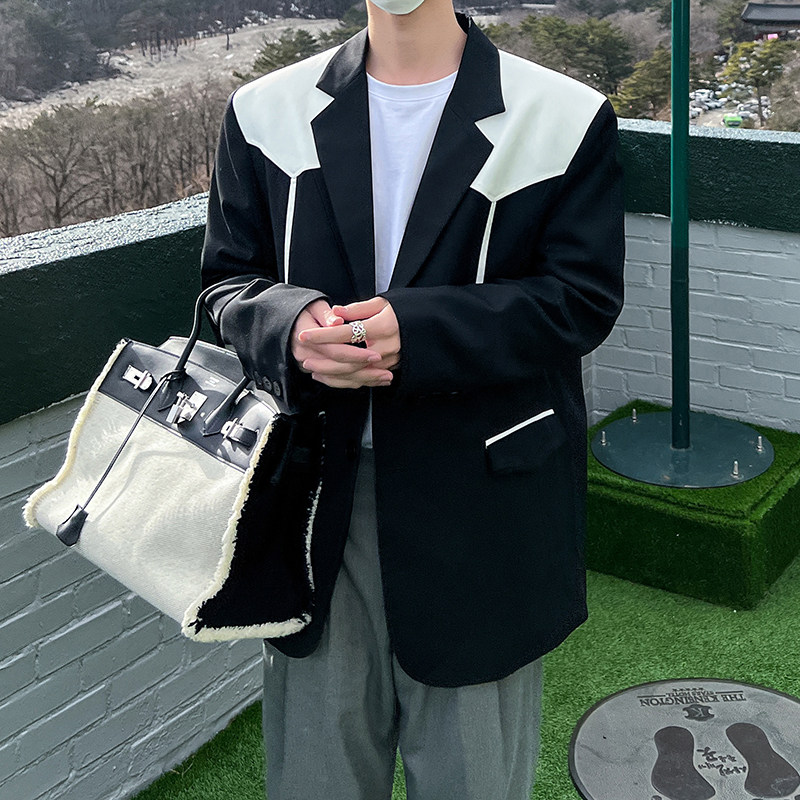 1110-X199-P140 拼接撞色设计小众休闲西装外套 黑色韩风西服图片