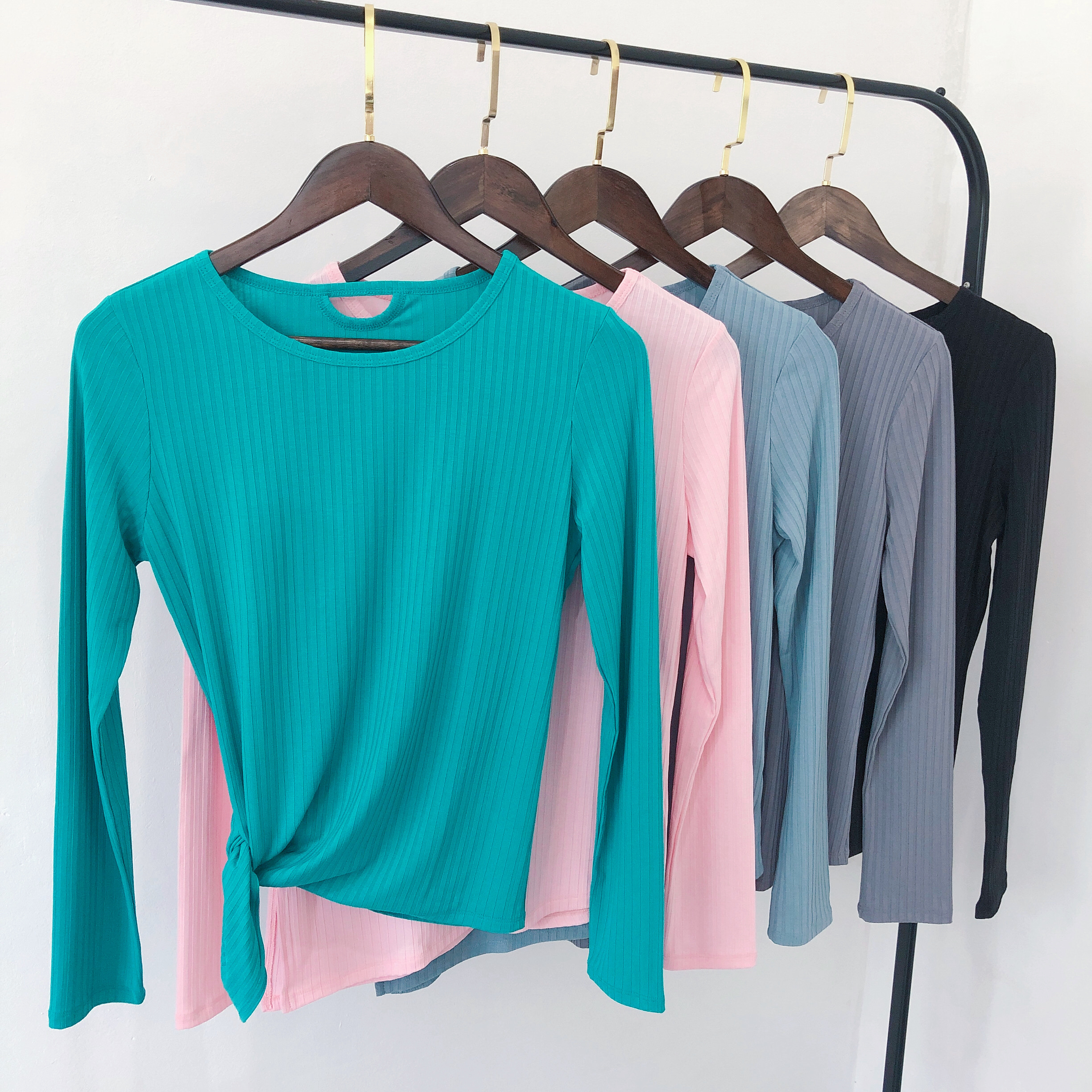 侧绑带欧美罗纹运动女速干衣t恤