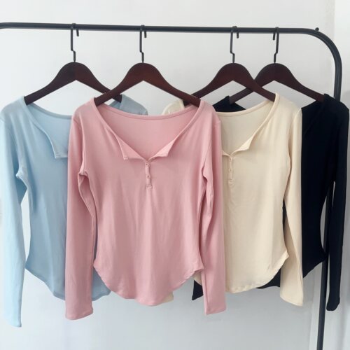 V领纽扣莫代尔修身瑜伽T恤 秋冬练功舞蹈服健身运动休闲长袖上衣