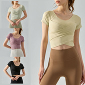 运动跑步弹力训练健身衣 女圆领短袖 夏凉快速干瑜伽T恤 带胸垫短款