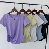 瑜伽服女跑步运动上衣紧身显瘦短袖 V领 速干T恤透气健身春夏 包邮