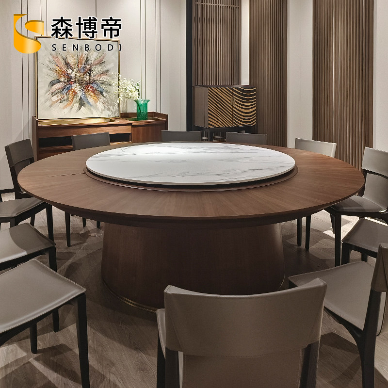 新中式实木电动餐桌轻奢酒店包厢大理石转盘餐桌火锅店餐桌椅定制