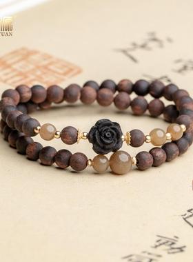 降真香黄油麻丝6mm和田玉且末糖玫瑰花双圈手串