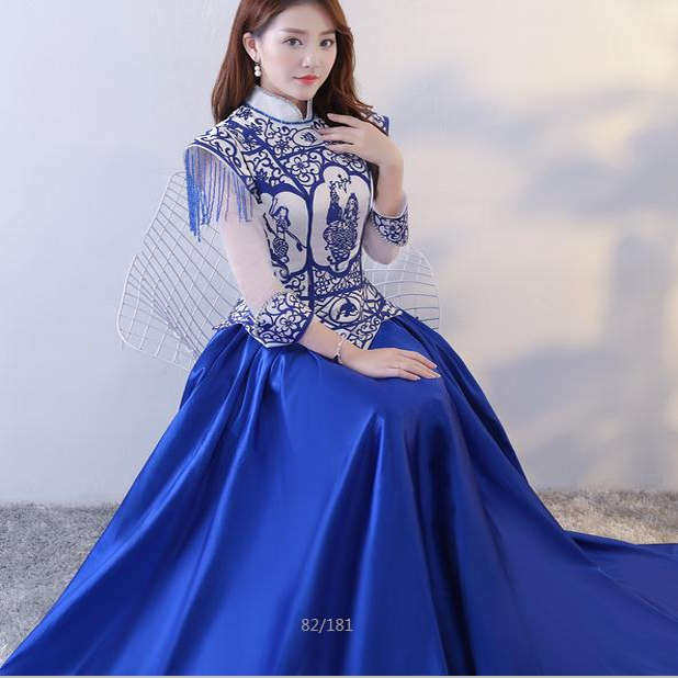 青花瓷旗袍复古国风修身宴会主持礼服舞台模特走秀大气夸张无袖女