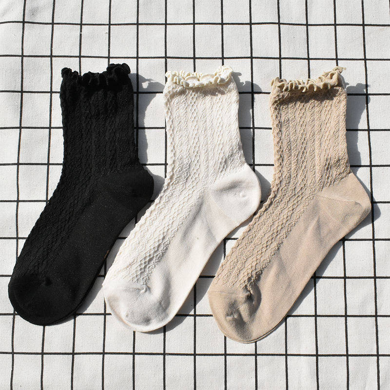米色麻花纹女袜木耳花边袜中筒袜甜美学院风小皮鞋袜JK日单袜外贸