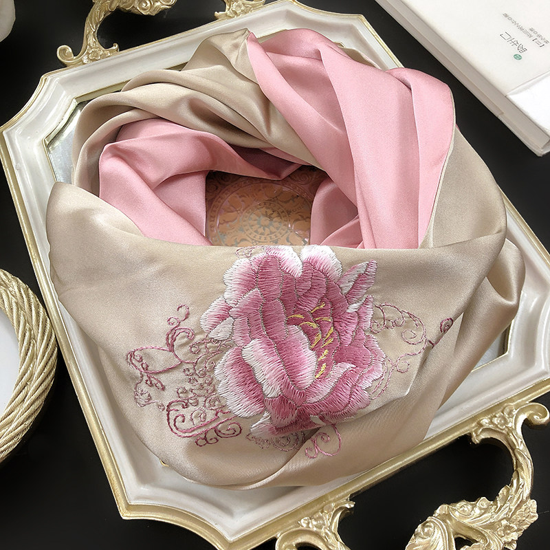 盛世牡丹高档丝绸真丝刺绣围巾女桑蚕丝苏绣旗袍披肩丝巾春秋百搭