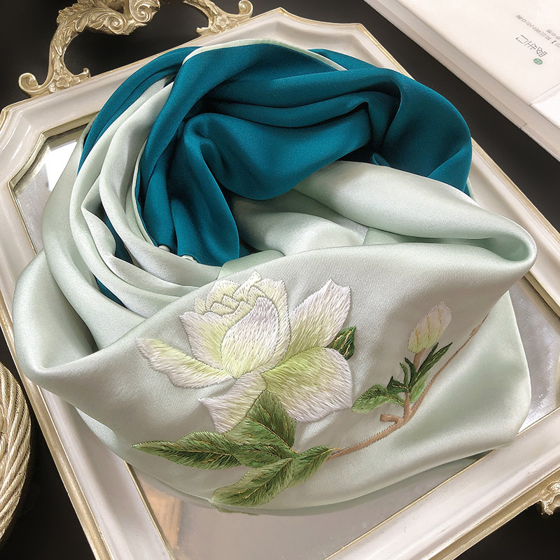 栀子花杭州丝绸高档真丝刺绣围巾女桑蚕丝苏绣花披肩妈妈丝巾礼品