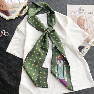 ins新款双面印花丝巾女复古小领巾细窄绑包包 丝带飘带潮发带腰带
