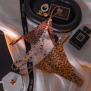 性感丁字裤女冰丝豹纹一根线透气撩人T裤欧美细带内裤无痕运动