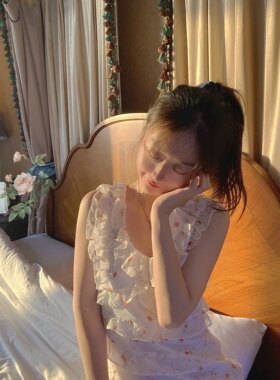 碎花雪纺层层蛋糕v领仙女连衣裙
