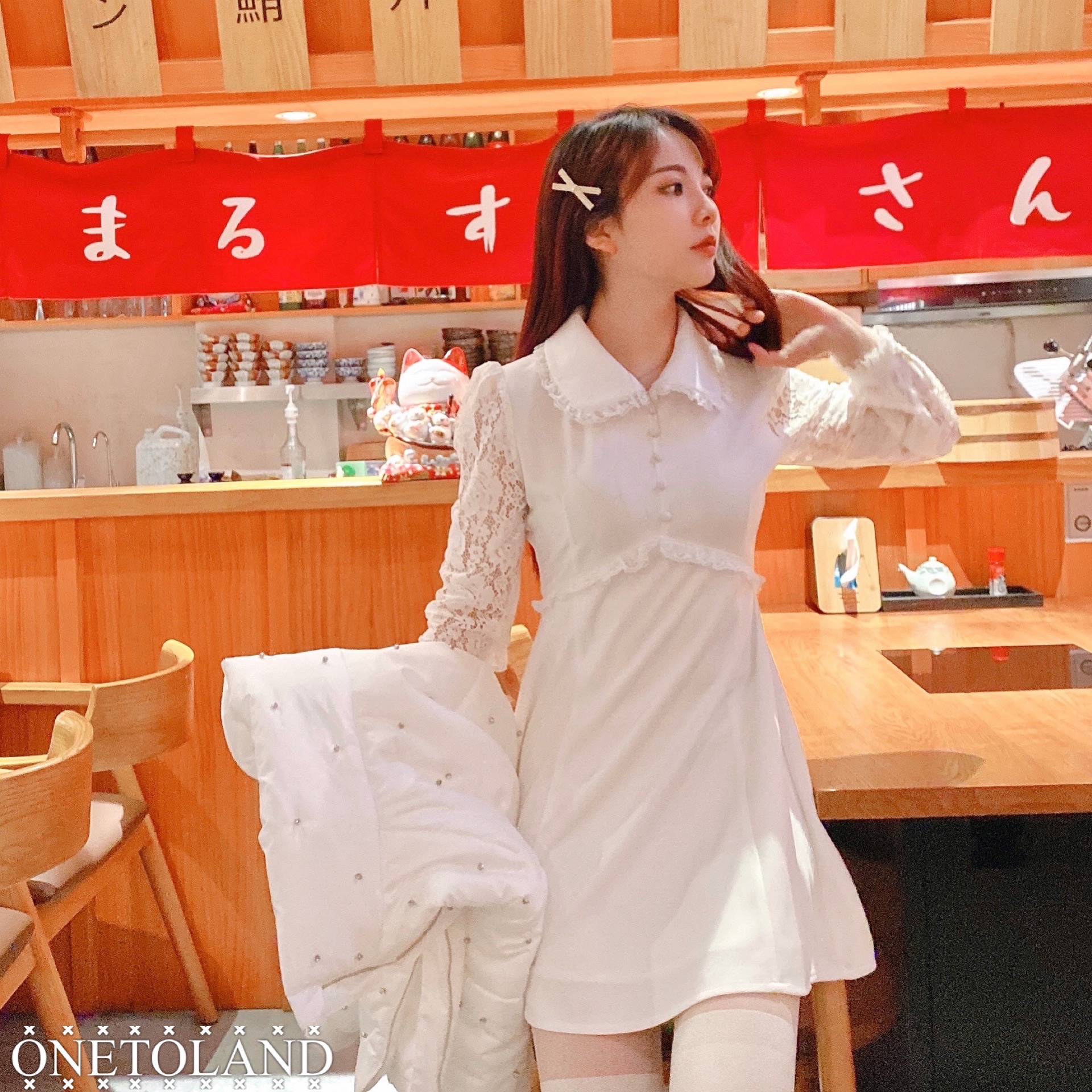 12Land独家 白玫瑰MIU连衣裙女秋冬蕾丝气质新款白色法式内搭洋气