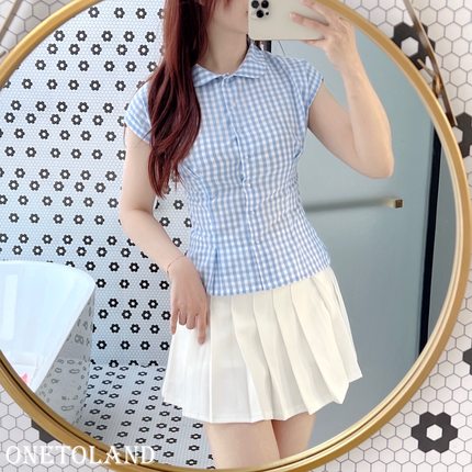 12Land可定做 FiFi法式少女集格子短袖2025夏新款修身娃娃衬衫女