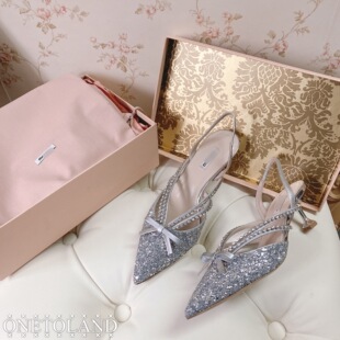 12Land高定 龙心同款MIU2021新款格丽特银色亮片尖头猫跟水晶鞋