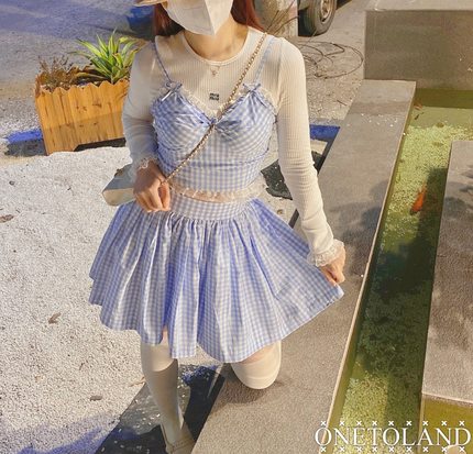 12Land独家 FiFi格子吊带蝴蝶结半裙女套装春夏新款设计感小众a字