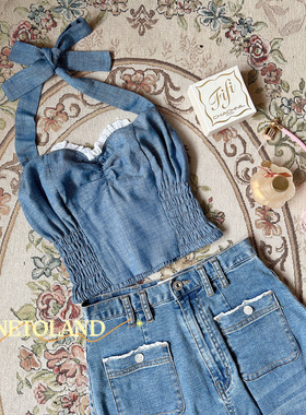 12Land fifi经典版型返场啦 蕾丝挂脖复古宽松牛仔裙套装龙心同款