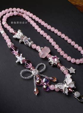 泰伽泰国佛牌链子粉晶双尖闪灵蝴蝶结快拆多用挂扣天然粉水晶项链