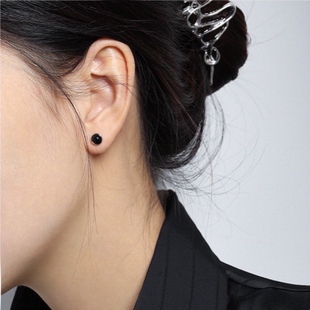 韩版ins小众设计感极简几何圆形微镶天然黑玛瑙S925纯银耳钉女