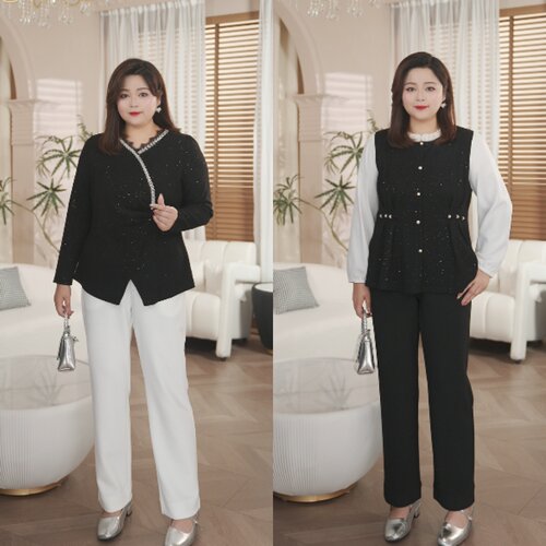 PWD33489【现货仅裤子】新款简约显气质休闲裤大码女装【裤长98】
