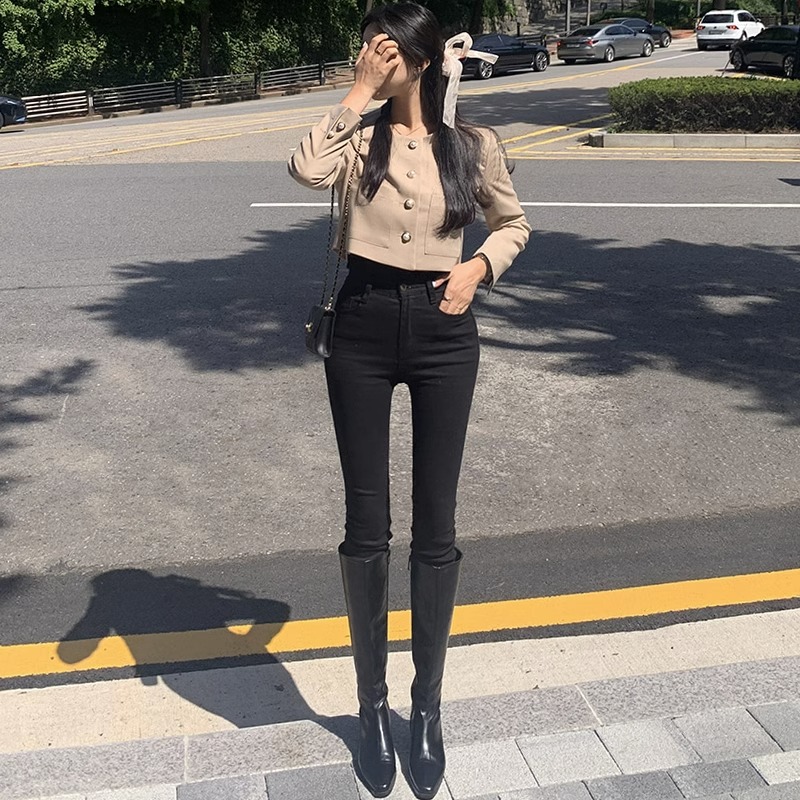 高腰紧身小脚黑色牛仔裤女大码