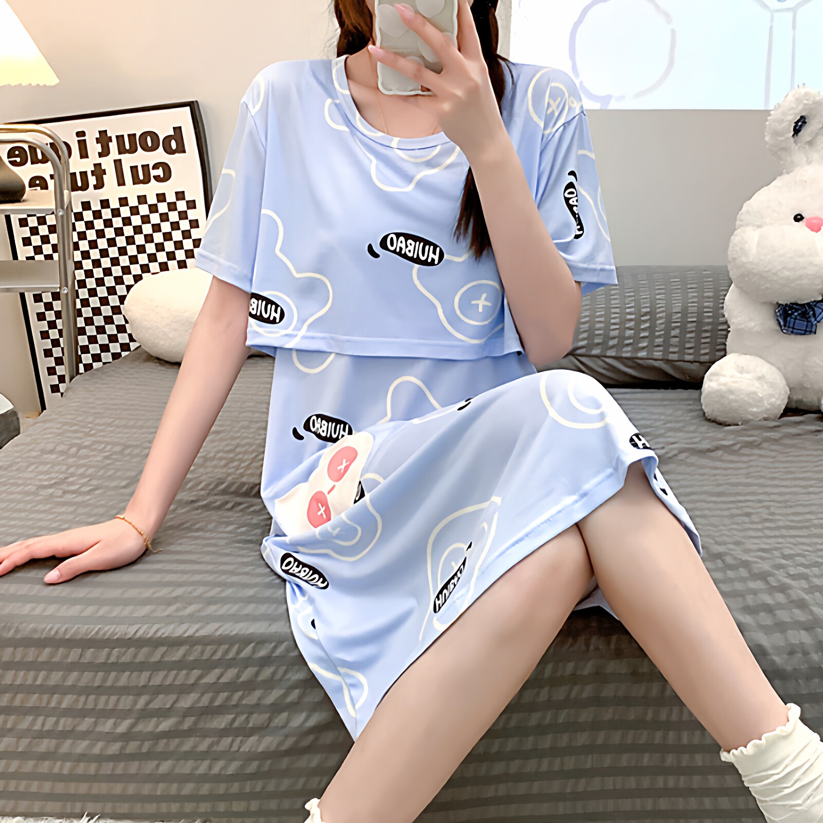 哺乳睡裙女夏季短袖产后孕妇月子喂奶胸垫裤裙薄款待产裙母乳睡衣