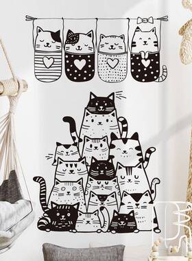 黑白布袋猫卡通儿童房装饰贴画墙贴厂家卧室背景墙贴画46023