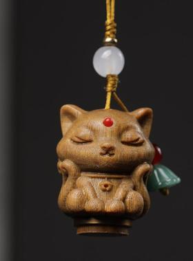 古风木绿檀木九尾狐扩香器手机链随身可打开手机挂链香囊挂件