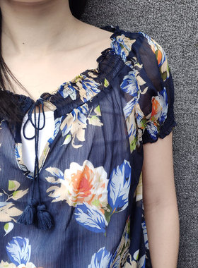 出口法国 复古碎花短袖雪纺衫女夏度假风透视X200301KK