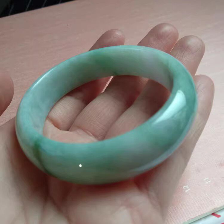 手镯  贵妃圈口51-52 天然玉石 春带彩玉镯 淡紫飘绿 带证