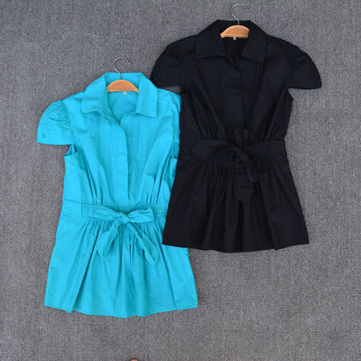 俄罗斯外贸单纯棉短袖衬衫收腰