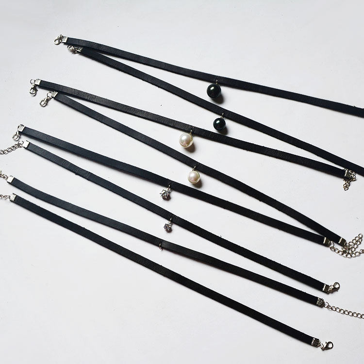 手工韩国头层牛皮项链珍珠锆钻吊坠复古项圈黑色原宿锁骨链choker