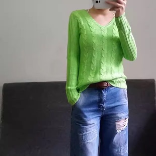 外贸原单 棒针V领麻花毛衣 短款复古学院 女 荧光绿W191201