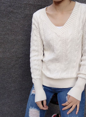 出口美国 V领棒针棉麻花毛衣 复古女有大码加肥加大W191003