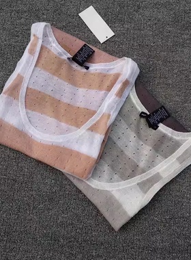 出口U型领冷感冰丝背心针织打底条纹 薄 女有大码X200104三件包邮