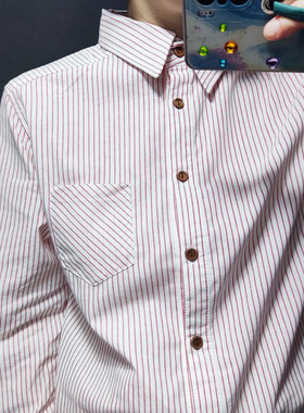 日单竖条纹长袖中长款衬衫纯棉宽松蓝白条挽袖女X200502KK