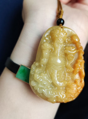 天然玉石吊坠项链黄翡财神爷大件