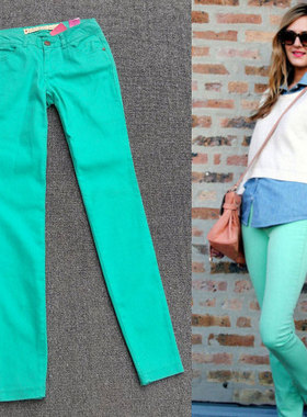 外贸原单窄管裤 纯棉铅笔裤长裤修身显瘦薄荷绿X200301KK