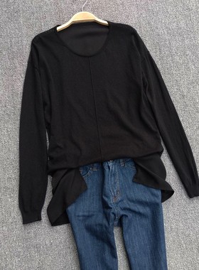 外贸原单针织衫长袖拼雪纺大码胖MM200斤黑色宽松W190402