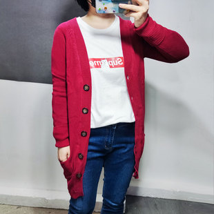 出口日单 玫瑰红中长开衫棉毛衣外套 女厚实修身显瘦 Y040803