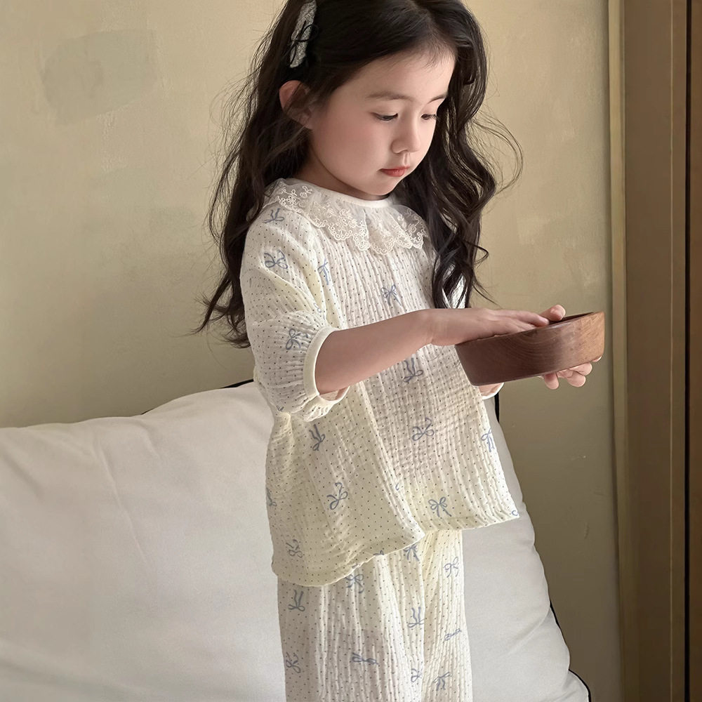 女童家居服夏季纯棉纱布七分袖套装女孩子宝宝空调服儿童睡衣
