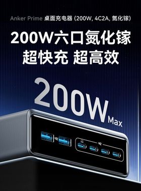 Anker安克Prime氮化镓200W充电器屏幕显示桌面多口PD充电头适用iPhone17ProMax苹果16Pro平板iPad笔记本Mac