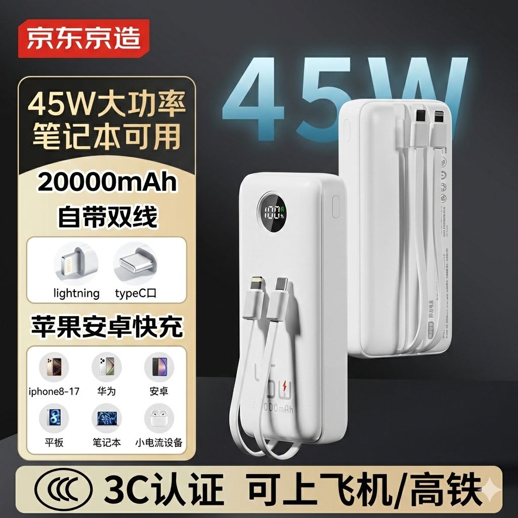 京东京造45W自带线充电宝20000毫安时移动电源PD快充适用苹果17