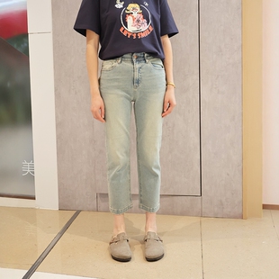 MINIBRAND春款浅复古色牛仔裤女松紧腰小个子九分烟管裤